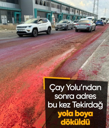 Tekirdağ'da yola dökülen boya bütün caddeyi kırmızıya boyadı