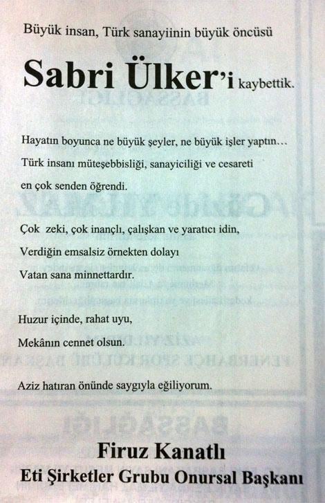 Sabri Ülker'in ardından verilen en anlamlı ilan