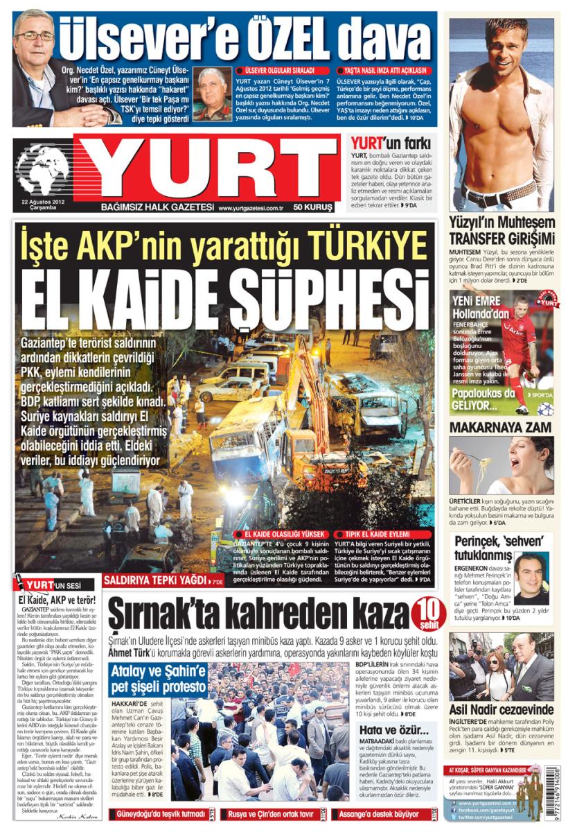 Yurt gazetesi: Gaziantep saldırısı El Kaide işi