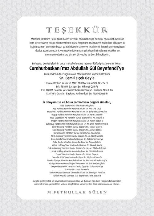 Fethullah Gülen'den başsağlığı dileyenlere teşekkür ilanı