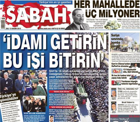 Sabah gazetesinin tepki çeken idam manşeti
