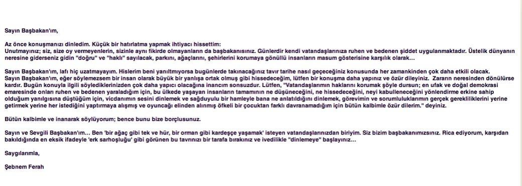 Şebnem Ferah'tan Başbakan'a mektup