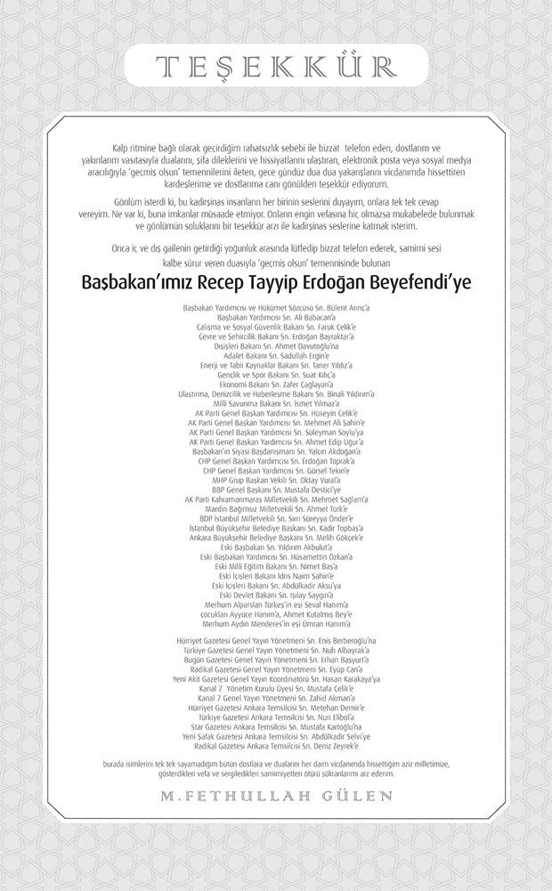 Gülen'den iki sayfalık teşekkür ilanı