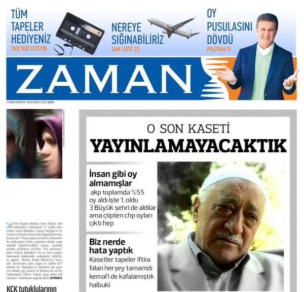 Zaman'ın 31 Mart'taki birinci sayfası