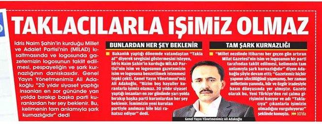 Milat gazetesinden İdris Naim Şahin'e tepki