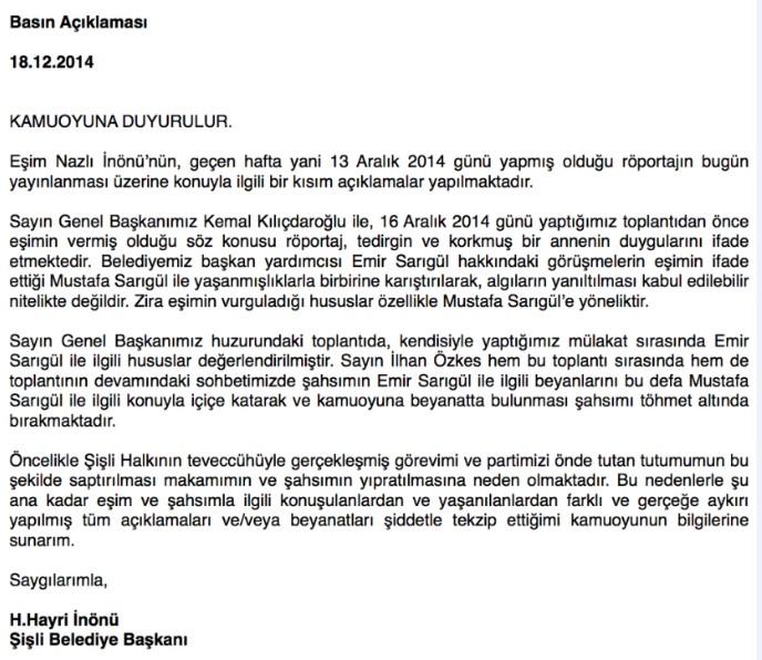 Hayri İnönü Mustafa Sarıgül tehdidini doğruladı