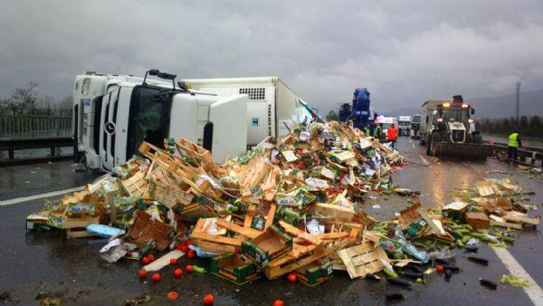 Sakarya TEM'de bir tır otomobilin üzerine devrildi