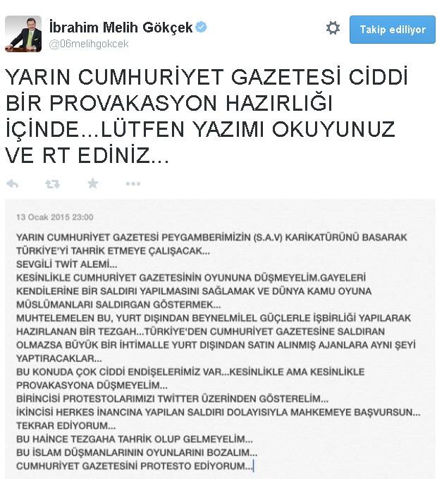 Melih Gökçek: Cumhuriyet o karikatürle tahrik edecek