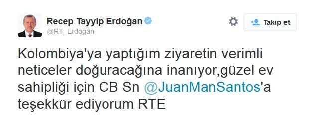 Cumhurbaşkanı Erdoğan'dan Kolombiya tweeti
