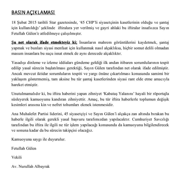 Fethullah Gülen'den kaset açıklaması