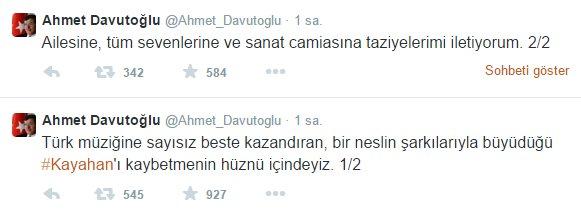 Ahmet Davutoğlu Kayahan için başsağlığı mesajı yayımladı