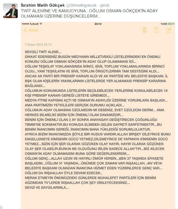 Melih Gökçek oğlunun aday seçilmemesini değerlendirdi
