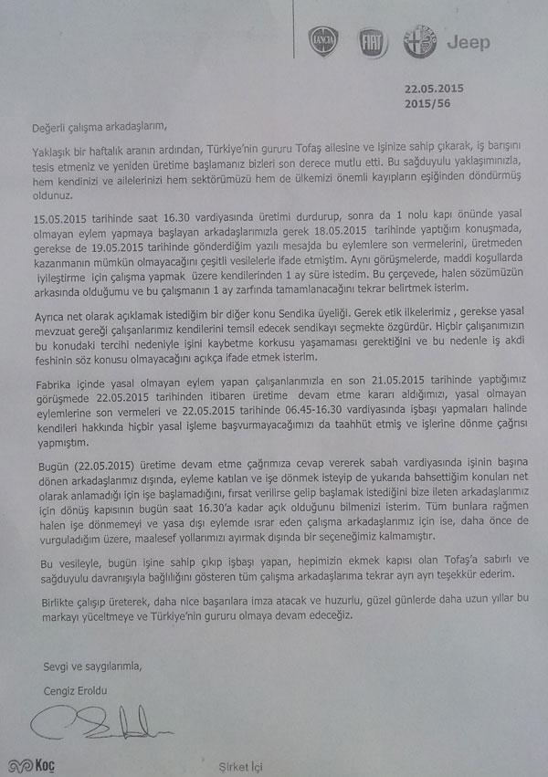 Tofaş grev yapan işçilere rest çekti