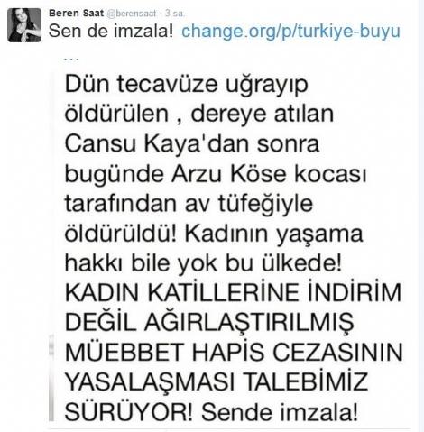 Beren Saat Cansu Kaya'nın öldürülmesine isyan etti