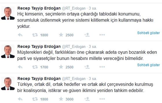 Cumhurbaşkanı Erdoğan’dan koalisyon tweetleri