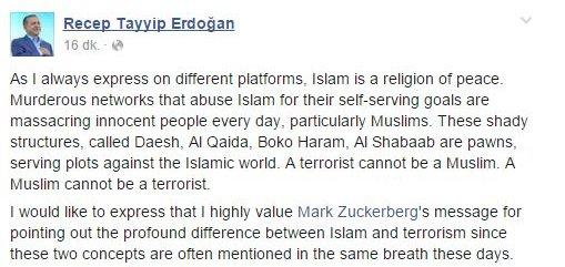 Erdoğan'dan Facebook'un sahibine teşekkür