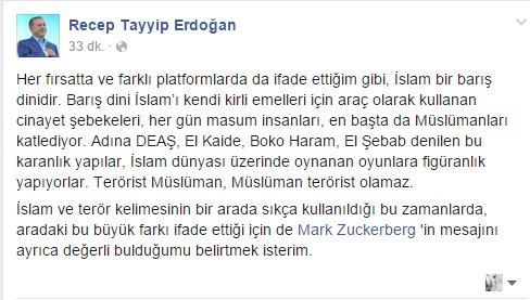 Erdoğan'dan Facebook'un sahibine teşekkür