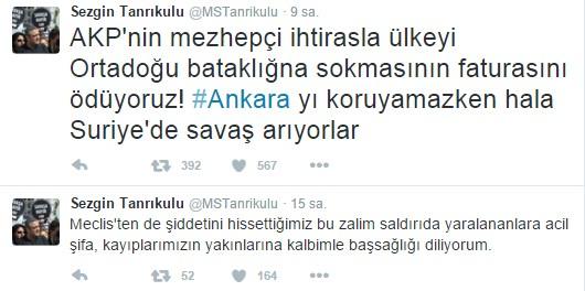 Sezgin Tanrıkulu Ankara saldırısının ardından tweet attı