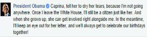 Obama için ağlayan kıza yanıt geldi