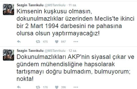 Tanrıkulu dokunulmazlıkların kaldırılmasını istemiyor