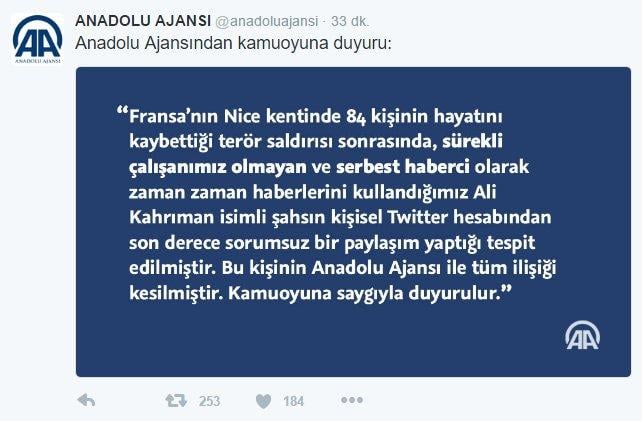 Fransa'daki saldırıyla dalga geçen muhabir AA'dan kovuldu