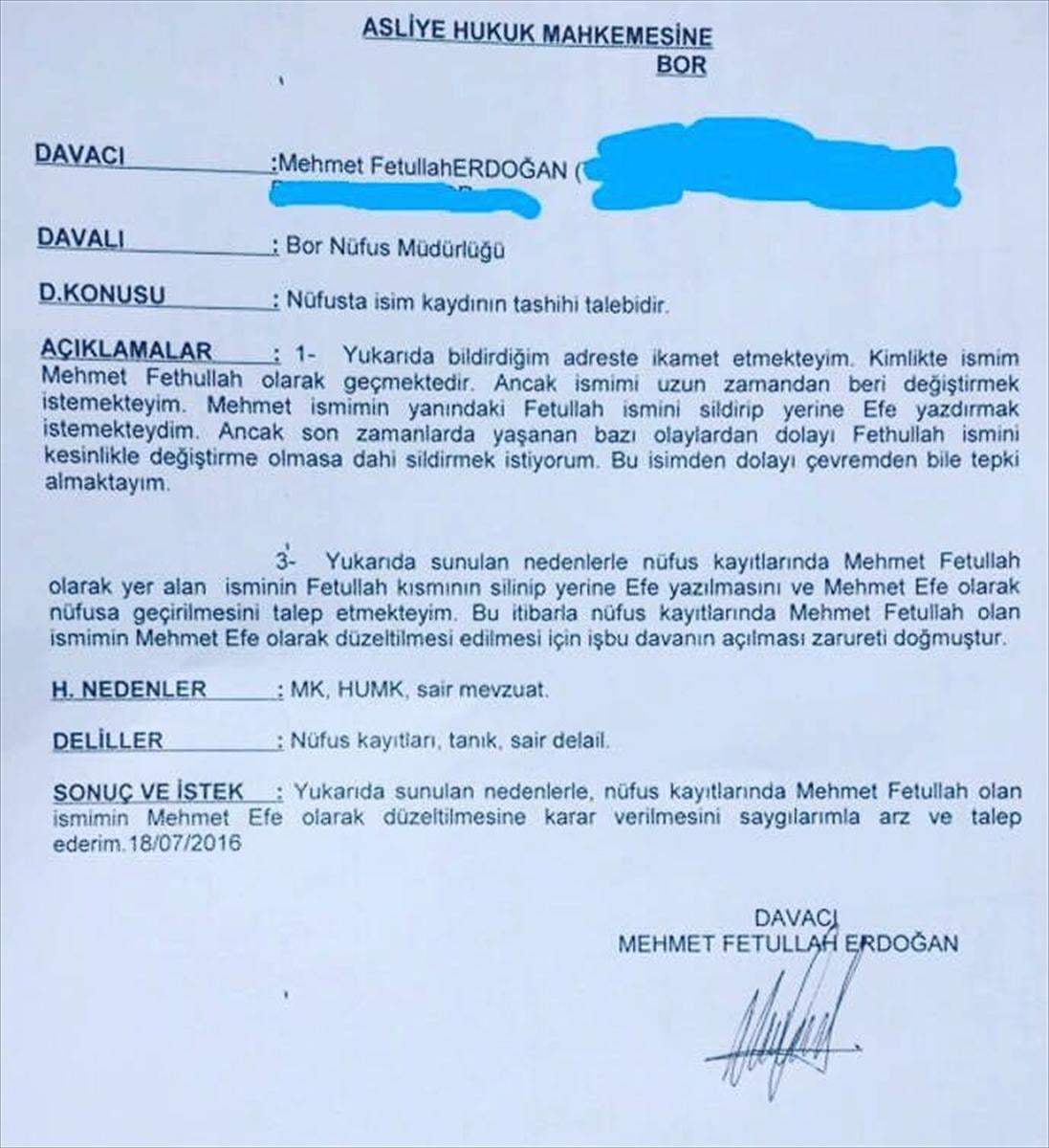 Fethullah ismi yüzünden mahkemeye başvurdu