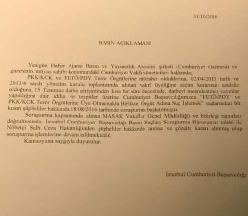 Başsavcılıktan Cumhuriyet gazetesine operasyon açıklaması