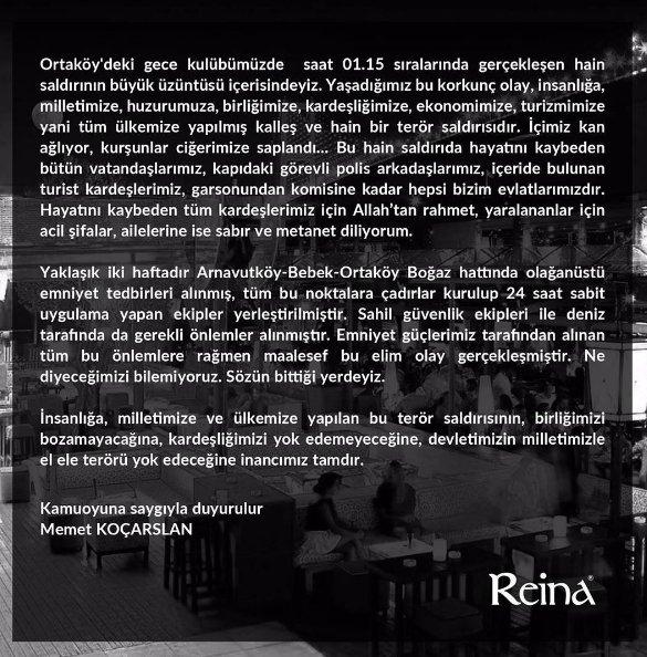 Saldırı sonrası Reina'dan açıklama