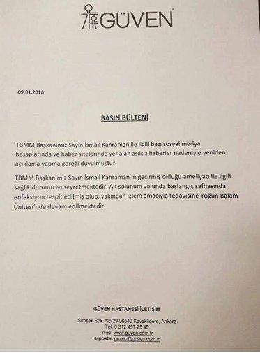 İsmail Kahraman yoğun bakımda