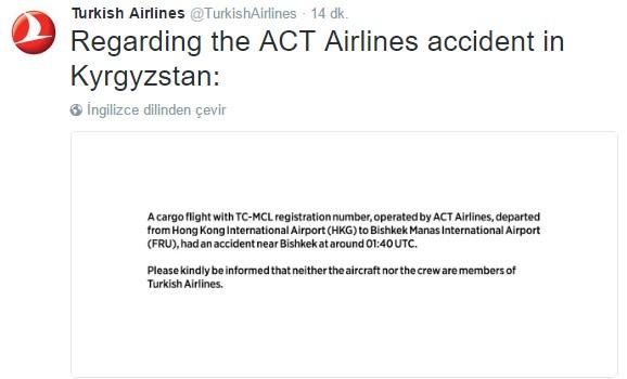 Kırgızistan'da düşen uçağın THY ile alakası yok