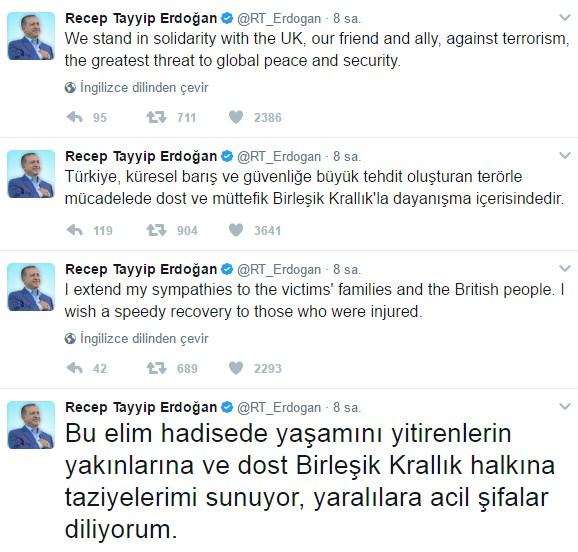 Erdoğan'dan İngiltere'ye Türkçe ve İngilizce taziye mesajı
