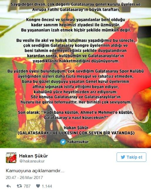 Hakan Şükür: İstifa ediyorum