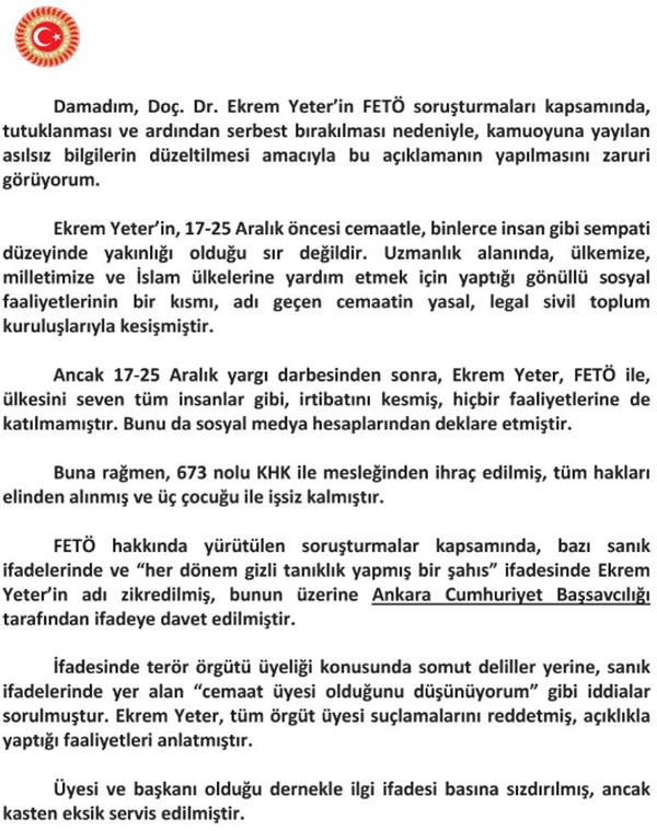 Tahliye olan damadı hakkında Arınç'tan açıklama