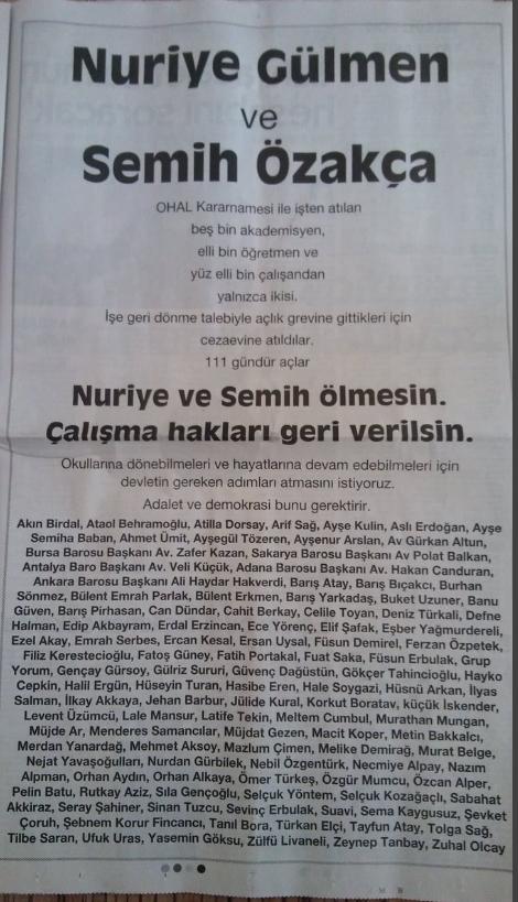 Nuriye Gülmen ve Semih Özakça için 111 isimden bildiri