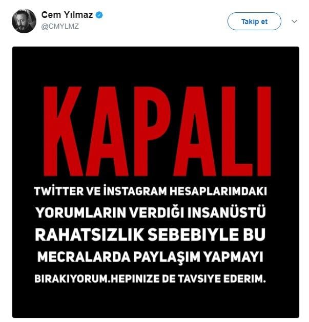 Cem Yılmaz Twitter ve Instagram hesaplarını kapattı