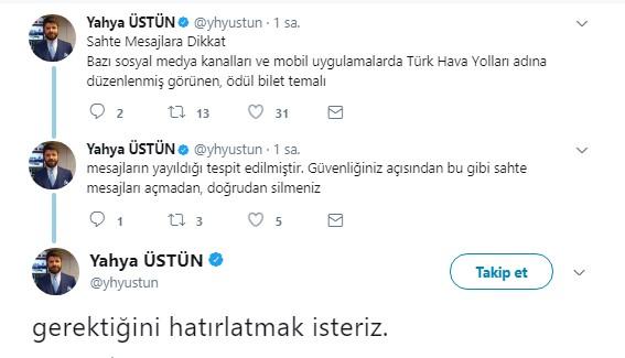 THY sahte ödül mesajları için uyardı