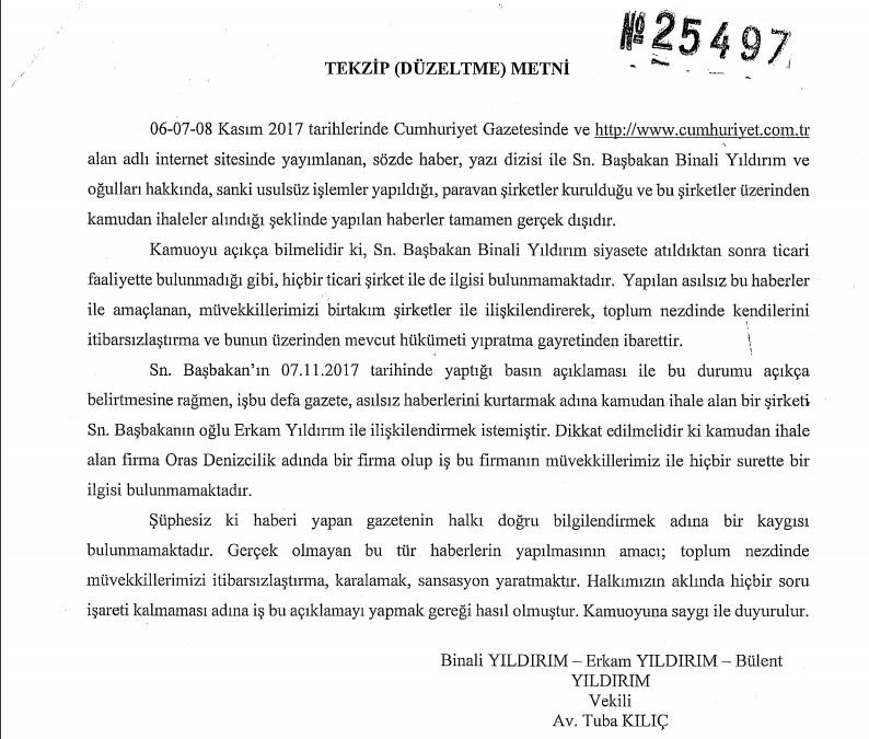 Başbakan'dan Cumhuriyet'in iddialarına tekzip