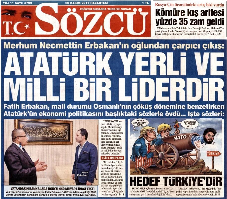 Sözcü Erbakan'ı manşete taşıdı