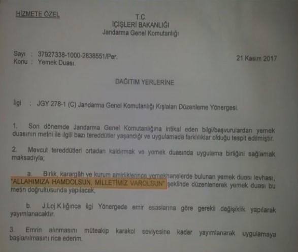 Jandarma'nın yemek duası değişti