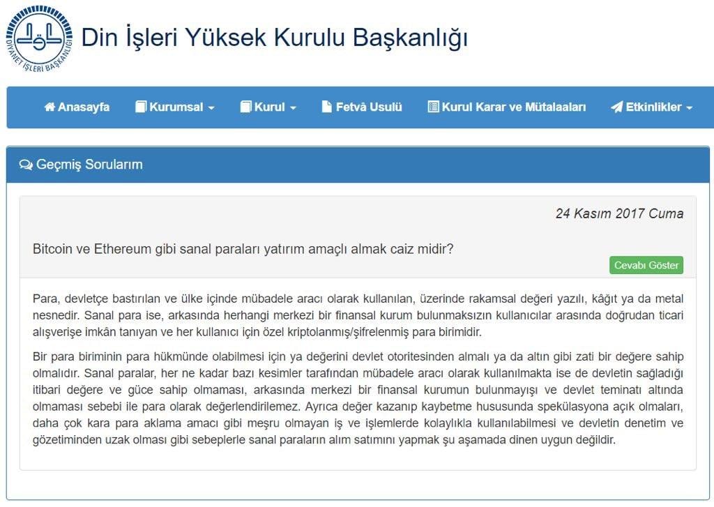 Din İşleri Yüksek Kurulu: Bitcoin uygun değildir
