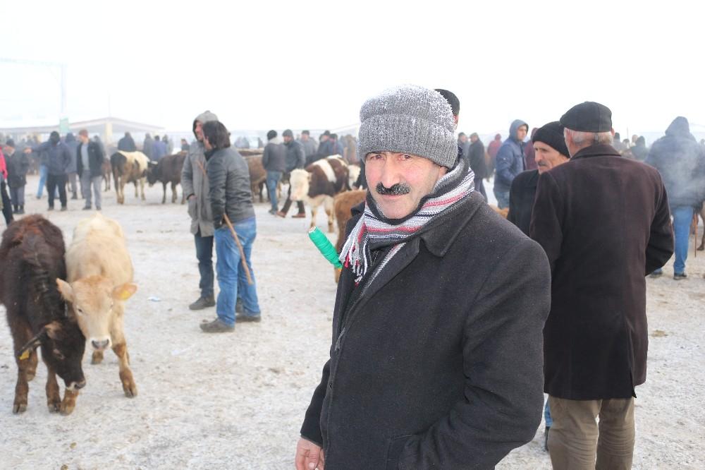 Ağrı hayvan pazarında hayvanların ağzı ve burnu buz tuttu