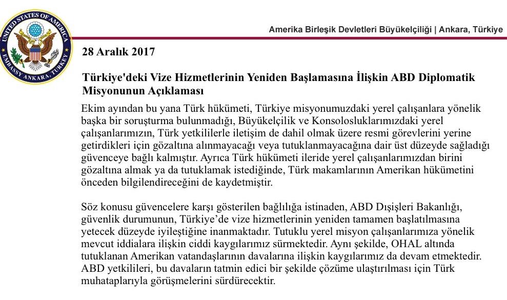 ABD ile vize krizi çözüldü