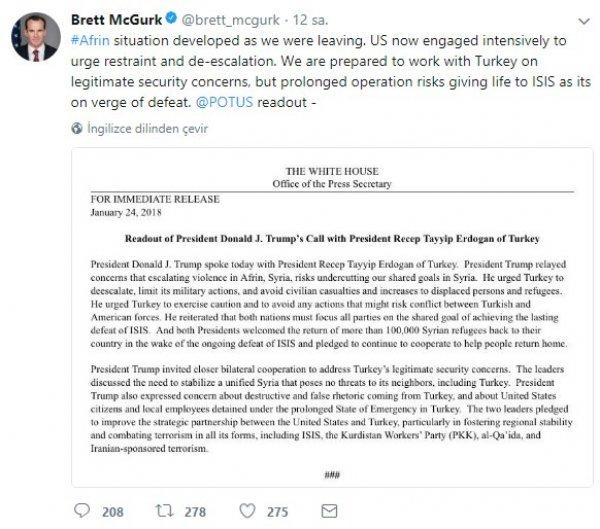 ABD'nin PYD özel temsilcisi Zeytin Dalı'ndan rahatsız