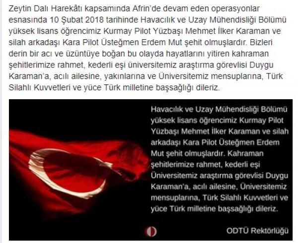 ODTÜ şehitler için mesaj yayınladı