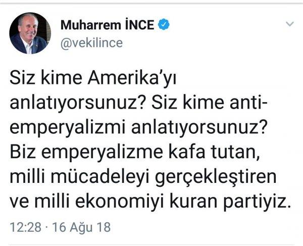 Muharrem İnce'den Amerika tweeti