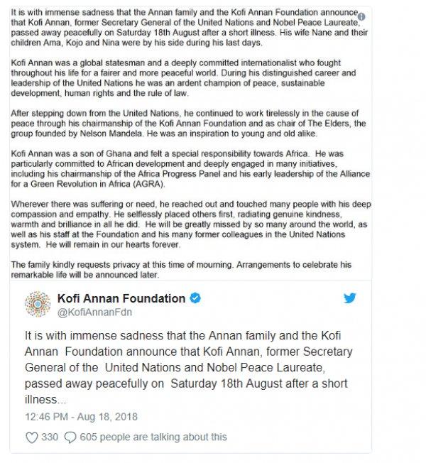 Kofi Annan yaşamını yitirdi
