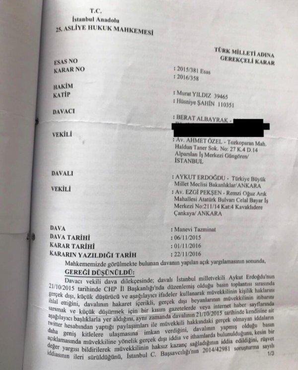 Berat Albayrak CHP'li Erdoğdu'ya açtığı davayı kazandı