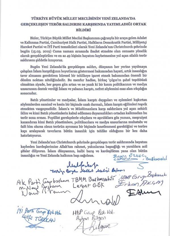 TBMM'den Yeni Zelanda'daki saldırıya ortak kınama