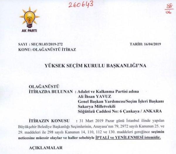 AK Parti'nin YSK'ya sunduğu itiraz dilekçesi