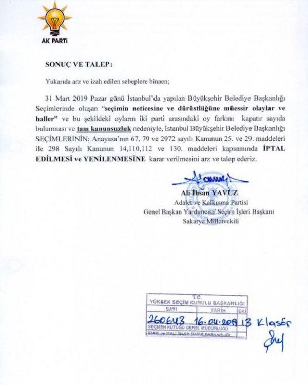 AK Parti'nin YSK'ya sunduğu itiraz dilekçesi